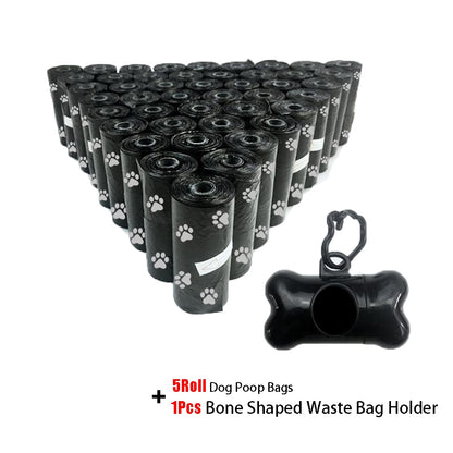 Bulk Disposable Pet Poop Bags with Leash Clip and Dispenser, Paw Print Design, 5 rolls (75 Bags)