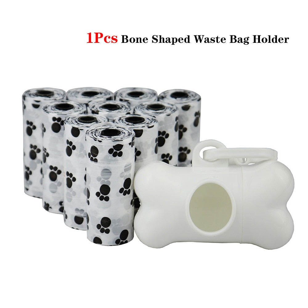 Bulk Disposable Pet Poop Bags with Leash Clip and Dispenser, Paw Print Design, 5 rolls (75 Bags)