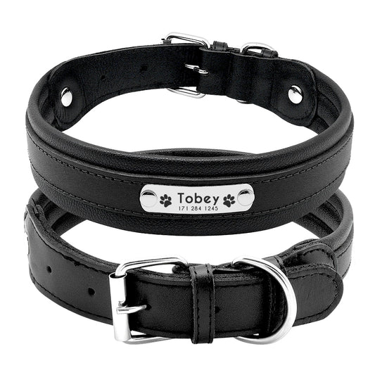 Personalized Padded Leather Dog Collar - Custom Engraved ID Name for Medium to Large Breeds