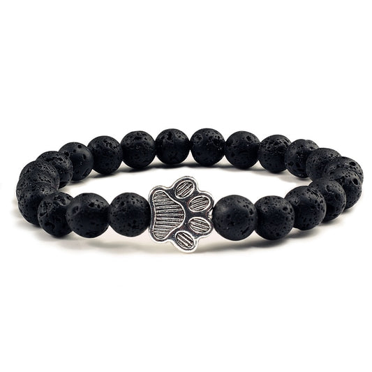 Matte, Black, or Natural Lava Beaded Stone Paw Print Charm Bracelet for Dog Lovers - Unisex Jewelry Gifts