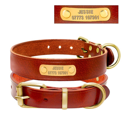 Personalized Leather Dog Collar with ID Nameplate - Custom Engraved Pet Name and Phone Number - Suitable for Small to Medium Dogs