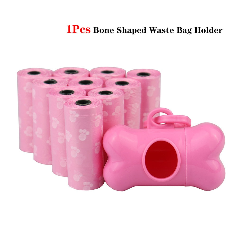 Bulk Disposable Pet Poop Bags with Leash Clip and Dispenser, Paw Print Design, 5 rolls (75 Bags)