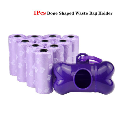 Bulk Disposable Pet Poop Bags with Leash Clip and Dispenser, Paw Print Design, 5 rolls (75 Bags)