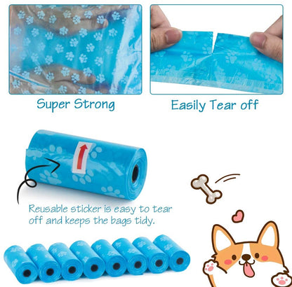 Bulk Disposable Pet Poop Bags with Leash Clip and Dispenser, Paw Print Design, 5 rolls (75 Bags)