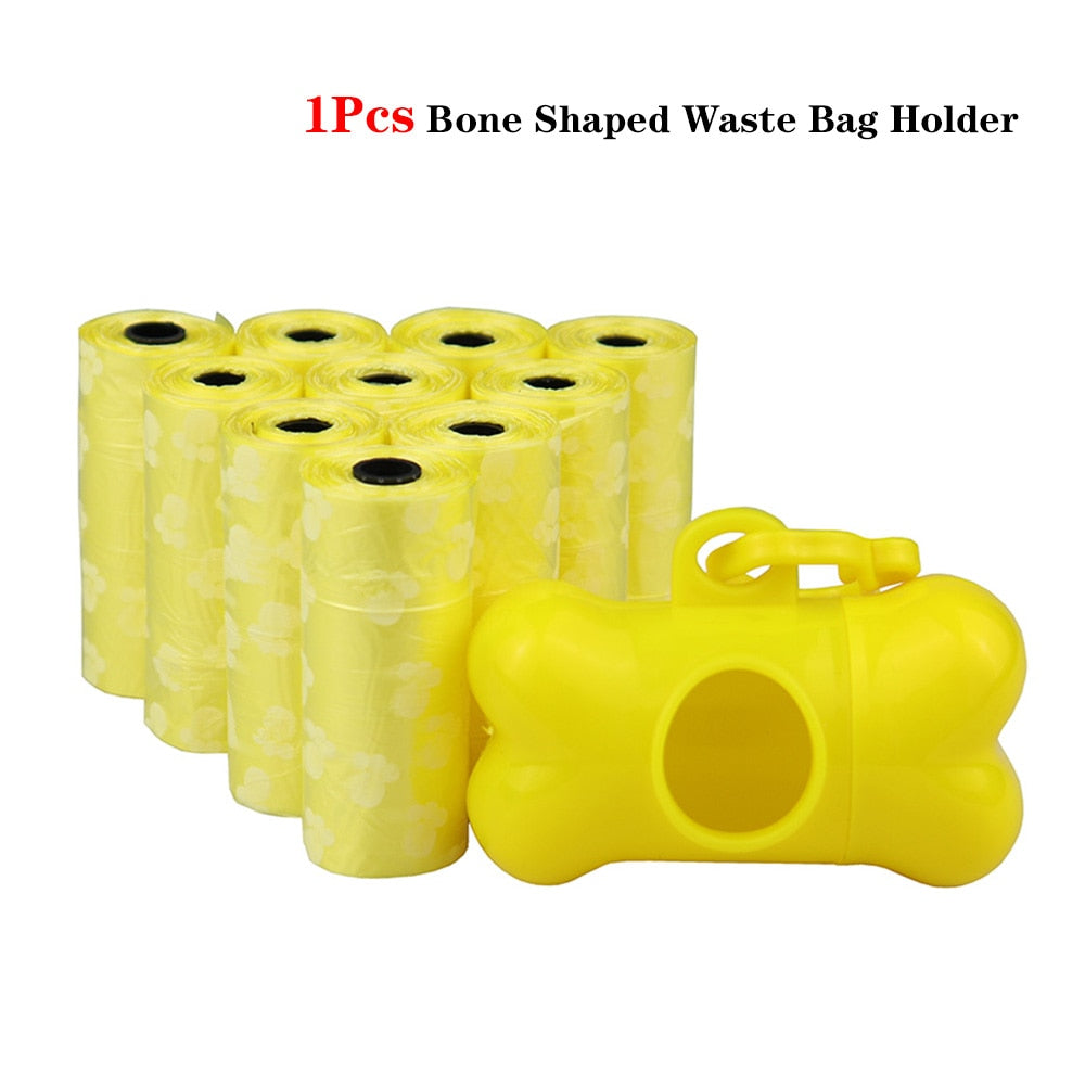 Bulk Disposable Pet Poop Bags with Leash Clip and Dispenser, Paw Print Design, 5 rolls (75 Bags)