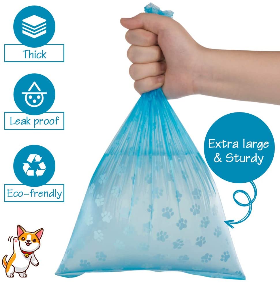 Bulk Disposable Pet Poop Bags with Leash Clip and Dispenser, Paw Print Design, 5 rolls (75 Bags)