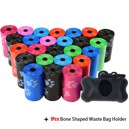 Bulk Disposable Pet Poop Bags with Leash Clip and Dispenser, Paw Print Design, 5 rolls (75 Bags)