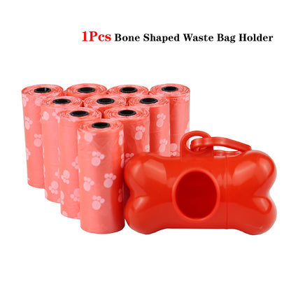 Bulk Disposable Pet Poop Bags with Leash Clip and Dispenser, Paw Print Design, 5 rolls (75 Bags)