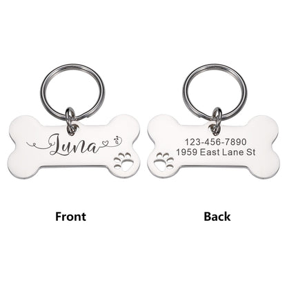 Bone Shaped Custom Engraved Shiny Steel Pet ID Tags - Personalized Anti-Lost Puppy Collar Nameplate for Dogs - Premium Pet Accessories