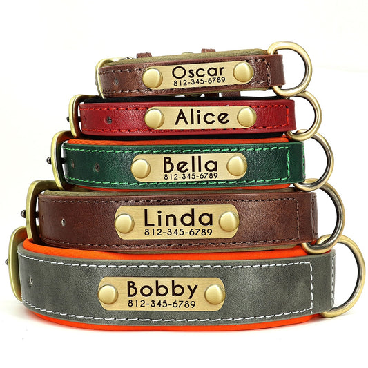 Custom Leather Dog Collar with ID Nameplate - Soft Padded and Adjustable for Small, Medium, and Large Breeds - Free Engraving of Pet's Name