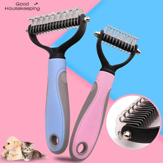 Double-Sided Pet Fur Knot Cutter and De-Shedding Tool - Dog Grooming Brush for Effective Hair Removal