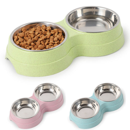 Puppy Double Pet Bowls - Dog Food Dish Feeder and Water Pet Drinking Dish Stainless Steel