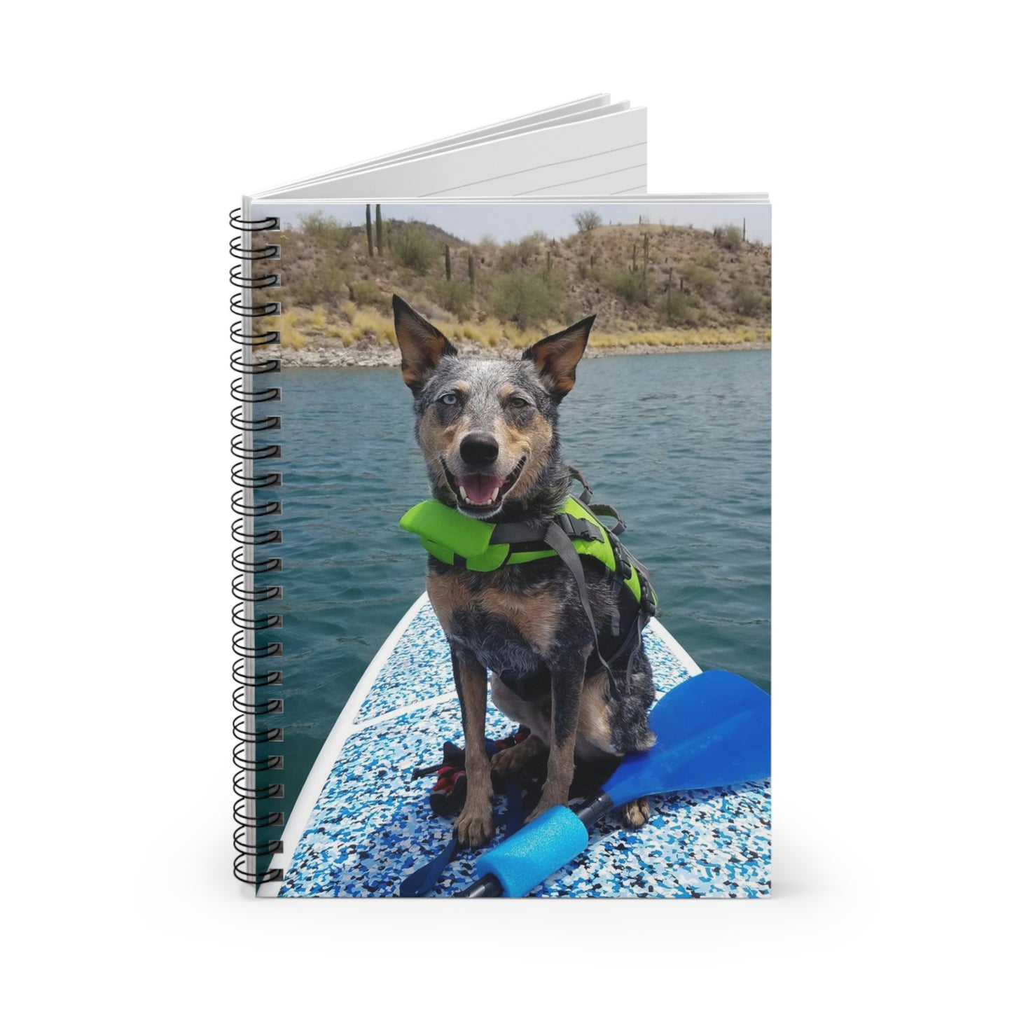 Dog Days at the Lake: Ruled Line Spiral Notebook with an Australian Cattle Dog on a SUP Board