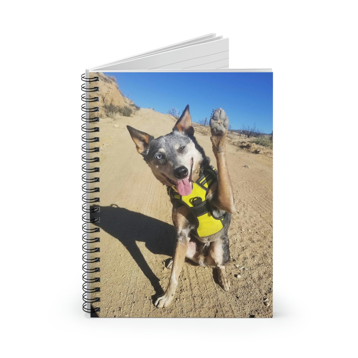 Howdy! Hiking Buddy Ruled Line Spiral Notebook: Australian Cattle Dog Waving on Trail